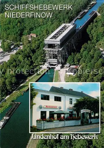 AK / Ansichtskarte Niederfinow Schiffshebewerk Fliegeraufnahme Lindenhof am Hebewerk Niederfinow