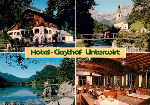 AK / Ansichtskarte Ramsau_Berchtesgaden Hotel Gasthof Unterwirt Gastraum Kirche  Ramsau Berchtesgaden