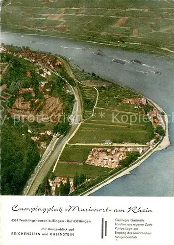 Trechtingshausen Fliegeraufnahme mit Burg Reichenstein und Rheinstein und Campingplatz Marienort am Rhein Trechtingshausen