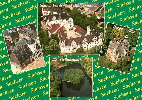 AK / Ansichtskarte Glauchau Schloss Vorder und Hinter Glauchau Hist Rathaus Gruendelpark Bergers Villa Fliegeraufnahmen Glauchau
