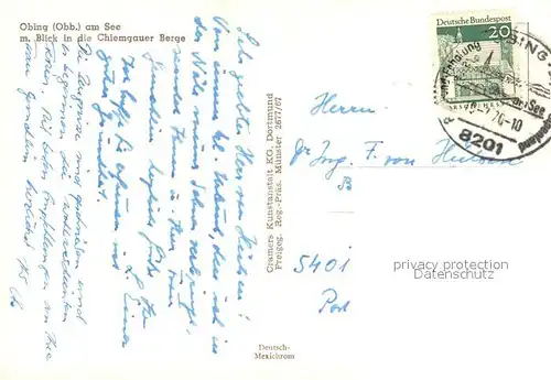 AK / Ansichtskarte Obing am See Fliegeraufnahme mit Chiemgauer Bergen Obing