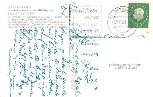 AK / Ansichtskarte Heidelberg_Neckar Hotel Restaurant zur Hirschgasse Bauernstube Heidelberg Neckar