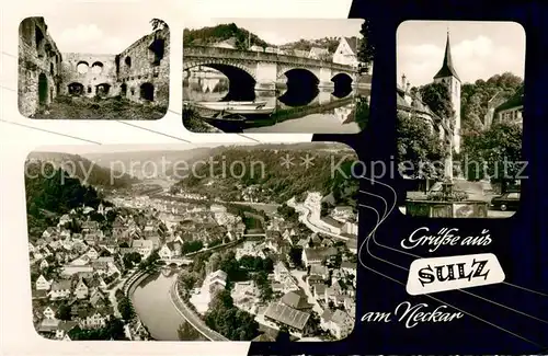 AK / Ansichtskarte Sulz_Neckar Ruine Bruecke Motiv mit Kirche Brunnen Fliegeraufnahme Sulz Neckar