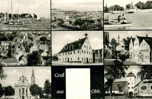 AK / Ansichtskarte St_Alban_Ammersee Segeln Dampfersteg Herrnstrasse Rathaus Pfarrkirche Taubenturm Fliegeraufnahmen St_Alban_Ammersee