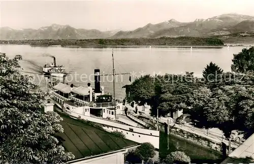 AK / Ansichtskarte Stock_Chiemsee Hafen Dampfer Chiemgauer Alpen Stock Chiemsee