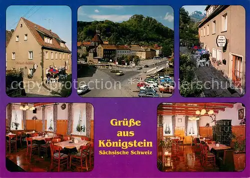 AK / Ansichtskarte Koenigstein_Saechsische_Schweiz Schraegers Gasthaus Gaststaette Strassenpartie Koenigstein_Saechsische
