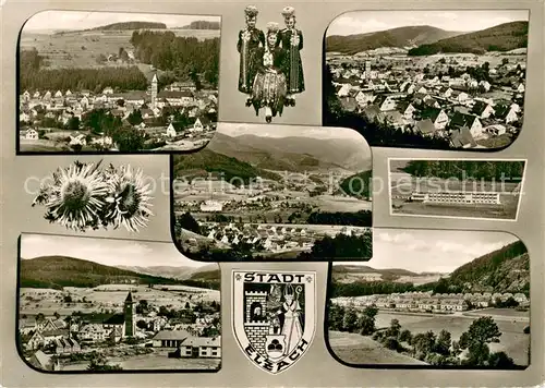 AK / Ansichtskarte Elzach Gesamtansicht Landschaftspanorama Schwarzwald Trachten Wappen Elzach