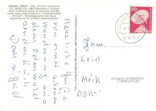 AK / Ansichtskarte Eberstadt_Baden Gasthof Hoehle Gastraum Terrasse Eberstadt_Baden