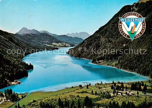 AK / Ansichtskarte Weissensee_Kaernten Ostufer Blick gegen Westen Alpen Fliegeraufnahme Weissensee Kaernten