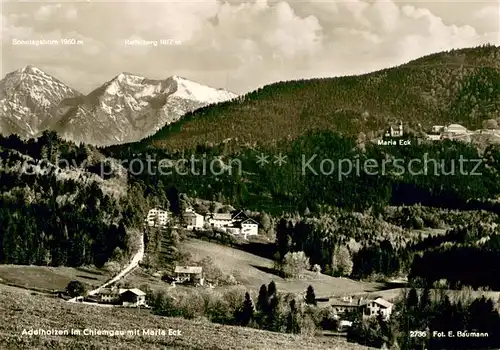 AK / Ansichtskarte Adelholzen_Oberbayern_Bad Panorama mit Maria Ecke Sonntagshorn Reifelberg Chiemgauer Alpen Adelholzen_Oberbayern_Bad