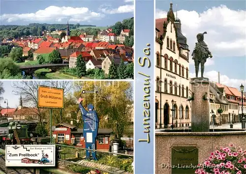 AK / Ansichtskarte Gross Muetzenau Zum Prellbock Eisenbahnmuseum Kneipe Brunnen Rathaus Stadtpanorama 