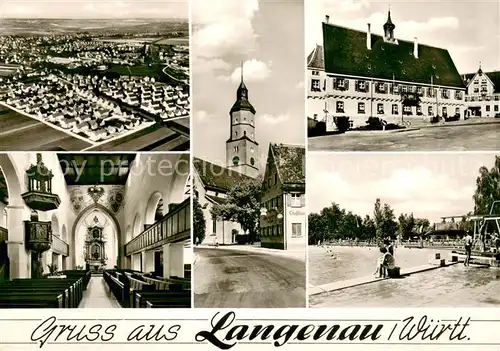 AK / Ansichtskarte Langenau_Wuerttemberg Kirche Innenansicht Freibad Rathaus Fliegeraufnahme Langenau Wuerttemberg