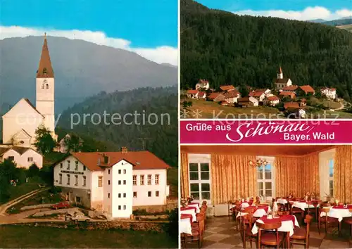 AK / Ansichtskarte Schoenau_Niederbayern Cafe Pension Regental Motiv mit Kirche Schoenau Niederbayern
