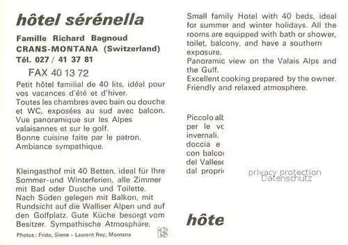 AK / Ansichtskarte Crans Montana Hotel Serenella Gastraeume Crans Montana