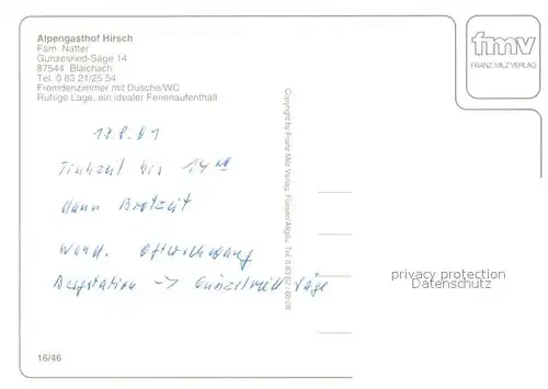 AK / Ansichtskarte Blaichach_Allgaeu Alpengasthof Hirsch Gunzesried Saege Blaichach_Allgaeu