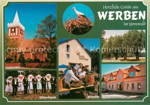 AK / Ansichtskarte Werben_Niederlausitz Wendische Kirche Werbener Fastnacht Hotel zum Stein Spreewaldwirt Kopfweiden Lebensmittelhandel Schefter Werben_Niederlausitz