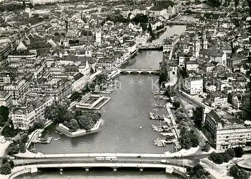AK / Ansichtskarte Zuerich_ZH Quaibruecke mit Blick auf die Limmat Fliegeraufnahme Zuerich_ZH