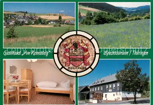 AK / Ansichtskarte Spechtsbrunn Gasthaus Am Rennsteig Landschaftspanorama Wappen Spechtsbrunn