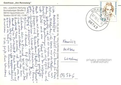 AK / Ansichtskarte Spechtsbrunn Gasthaus Am Rennsteig Landschaftspanorama Wappen Spechtsbrunn