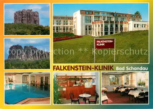 AK / Ansichtskarte Bad_Schandau Felsformationen Falkenstein Klinik Hallenbad Gastraeume Bad_Schandau