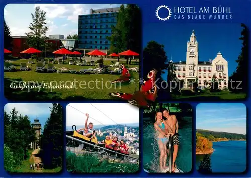 AK / Ansichtskarte Eibenstock Hotel am Buehl Rathaus Auersberg mit Aussichtsturm Bobbahn Badegarten Talsperre Eibenstock Eibenstock