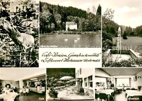 AK / Ansichtskarte Horhausen_Westerwald Hirschbruft Cafe Pension Grenzbachmuehle Muehle Garten Cafe Terrasse Speiseraum Horhausen_Westerwald