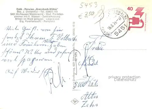 AK / Ansichtskarte Horhausen_Westerwald Hirschbruft Cafe Pension Grenzbachmuehle Muehle Garten Cafe Terrasse Speiseraum Horhausen_Westerwald