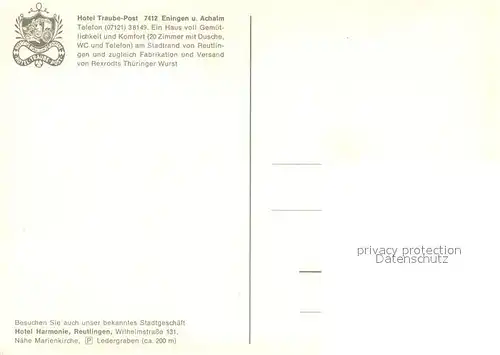 AK / Ansichtskarte Eningen_Achalm Hotel Traube Post Post Stueble Wurfspiel Jaegerstueble Metzgerei Illustration Eningen Achalm