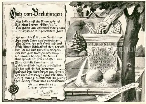 AK / Ansichtskarte Berlichingen Goetz Denkmal im Jagsttal mit Dokument Berlichingen
