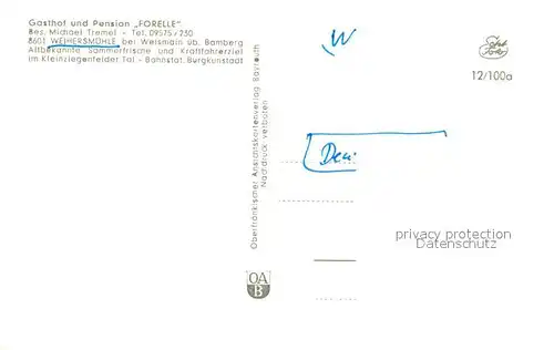 AK / Ansichtskarte Weihersmuehle_Weismain Gasthof Pension Forelle Landschaftspanorama Partie am Wasser Weihersmuehle_Weismain