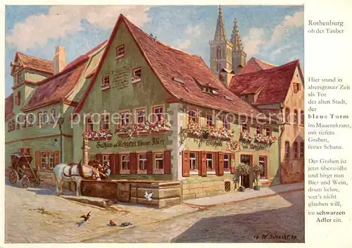AK / Ansichtskarte Rothenburg_Tauber Gasthaus Metzgerei Schwarzer Adler Pferd Brunnen Kuenstlerkarte Rothenburg Tauber