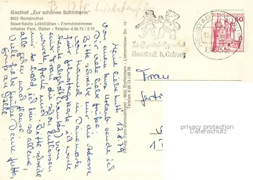 AK / Ansichtskarte Romansthal_Oberfranken Gasthof Zur schoenen Schnitterin Familienwappen Landschaftspanorama Romansthal_Oberfranken