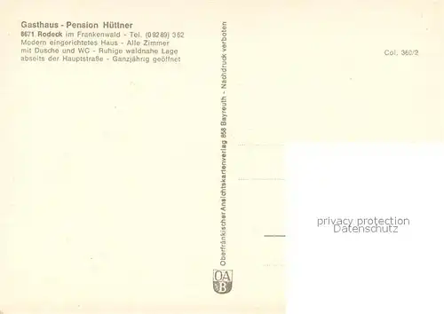 AK / Ansichtskarte Rodeck Gasthof Pension Huettner im Frankenwald Landschaftspanorama Rodeck