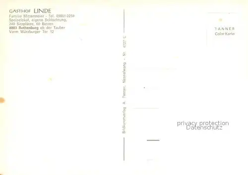 AK / Ansichtskarte Rothenburg_Tauber Gasthof Linde Gastraum Fremdenzimmer Altstadt Fachwerkhaus Gerlachschmiede Roedertorturm Rothenburg Tauber