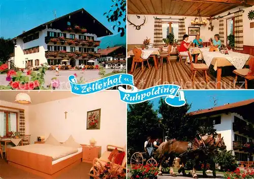 AK / Ansichtskarte Ruhpolding Gaestehaus Pension Zellerhof Fremdenzimmer Gastraum Pferdekutsche Ruhpolding