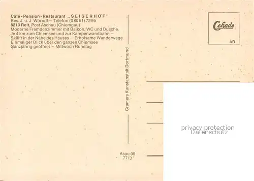 AK / Ansichtskarte Reit_Aschau_Chiemgau Cafe Pension Restaurant Seiserhof Landschaftspanorama Chiemgauer Alpen Reit_Aschau_Chiemgau