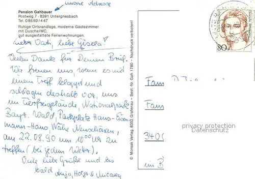 AK / Ansichtskarte Untergriesbach_Niederbayern Pension Gahbauer Gastraum Fremdenzimmer Landschaftspanorama See Untergriesbach