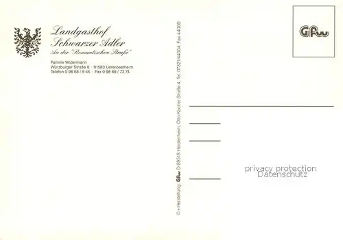AK / Ansichtskarte Unteroestheim Landgasthof Schwarzer Adler an der Romantischen Strasse Restaurant Unteroestheim