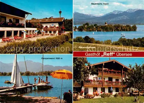 AK / Ansichtskarte uebersee Gasthof Reff am Chiemsee Bootssteg Segeln Frauenchiemsee Bayerische Alpen uebersee