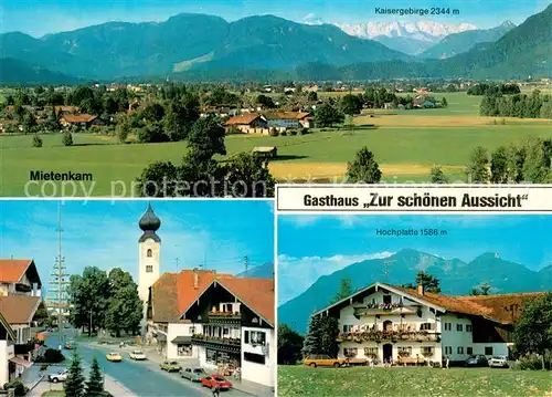 AK / Ansichtskarte Westerbuchberg Gasthaus Zur schoenen Aussicht Hochplatte Ammergauer Alpen Panorama Mietenkam Kaisergebirge Ortsmotiv mit Kirche Westerbuchberg