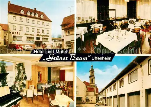 AK / Ansichtskarte Uffenheim Hotel Motel Gruener Baum Restaurant Ortsmotiv mit Kirche Uffenheim