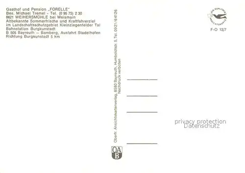 AK / Ansichtskarte Weihersmuehle_Weismain Gasthof Pension Forelle Panorama Kleinziegenfelder Tal Weihersmuehle_Weismain