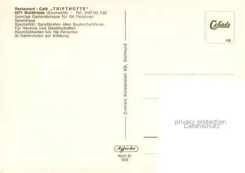 AK / Ansichtskarte Waldfriede_Seesbach Restaurant Cafe Trifthuette im Soonwald Grillplatz 