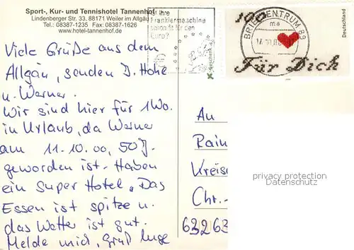 AK / Ansichtskarte Weiler_Allgaeu Sport  und Kurhotel Tannenhof Tennisschule Hallenbad Weiler_Allgaeu