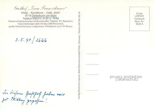 AK / Ansichtskarte Dettelbach Gasthof Zum Franziskaner Cafe Kehl Gastraeume Terrasse Dettelbach