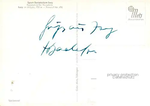 AK / Ansichtskarte Isny_Allgaeu Sportsanatorium Speisesaal Isny Allgaeu