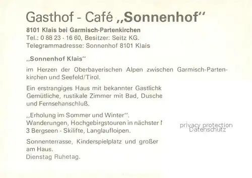 AK / Ansichtskarte Klais Alpengasthof Cafe Sonnenhof Restaurant Terrasse Alpen Klais