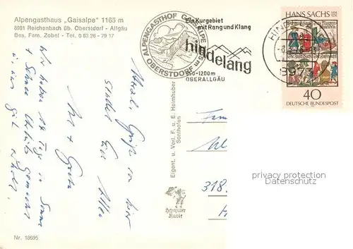 AK / Ansichtskarte Reichenbach_Oberstdorf Alpengasthof Gaisalpe Allgaeuer Stube Gaisbachtobel Gaisalp Kapelle Nebelhornblick Reichenbach_Oberstdorf