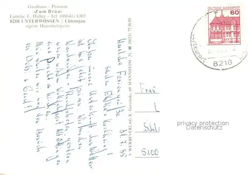 AK / Ansichtskarte Unterwoessen Gasthof Pension Zum Braeu Gastraeume Terrasse Unterwoessen