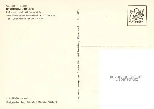 AK / Ansichtskarte Schanze_Sauerland Gasthof Pension Braeutigam Hanses Luftkurort Fliegeraufnahme Schanze_Sauerland